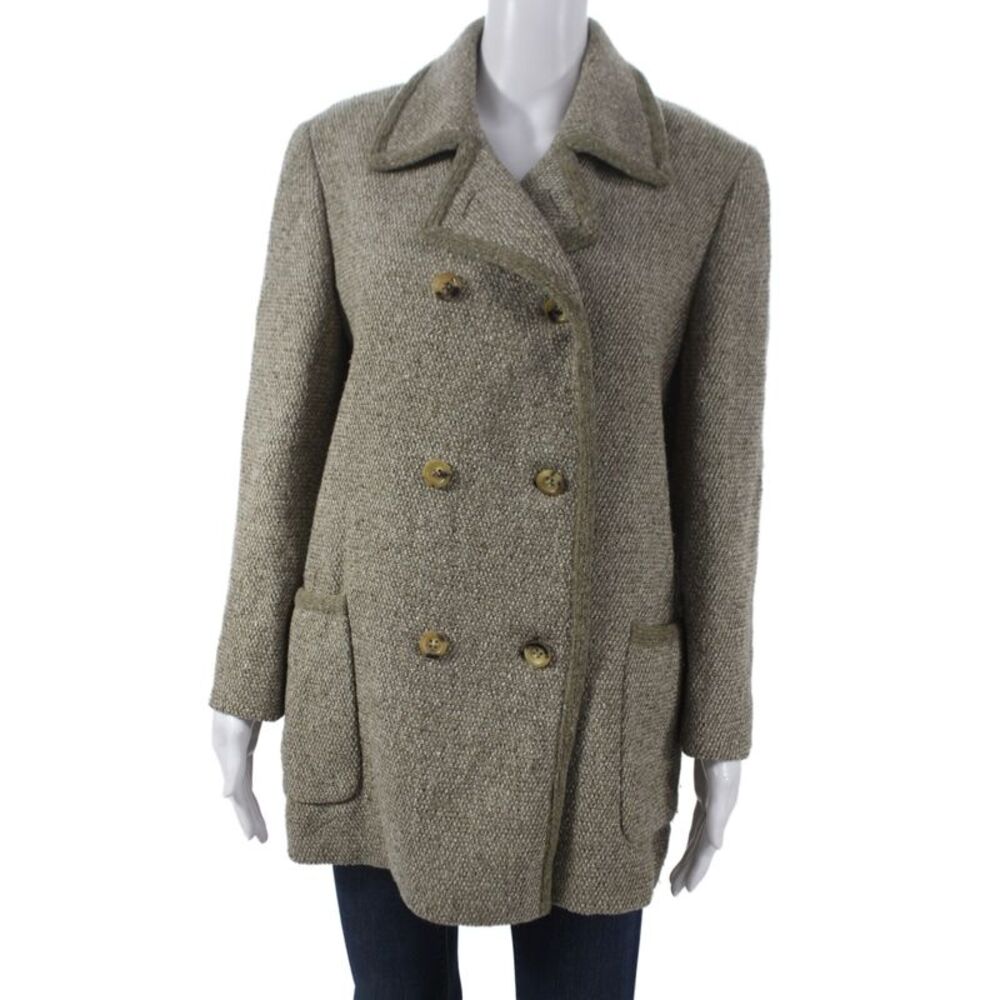 Les Copains Womens Pea Coat Beige Wool Cotton Plaid Button Collared Size 42